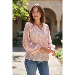 Floral Blouse Pink Orange‎ Sheer Long Bishop Sleeve V Neck Lightweight Women's L